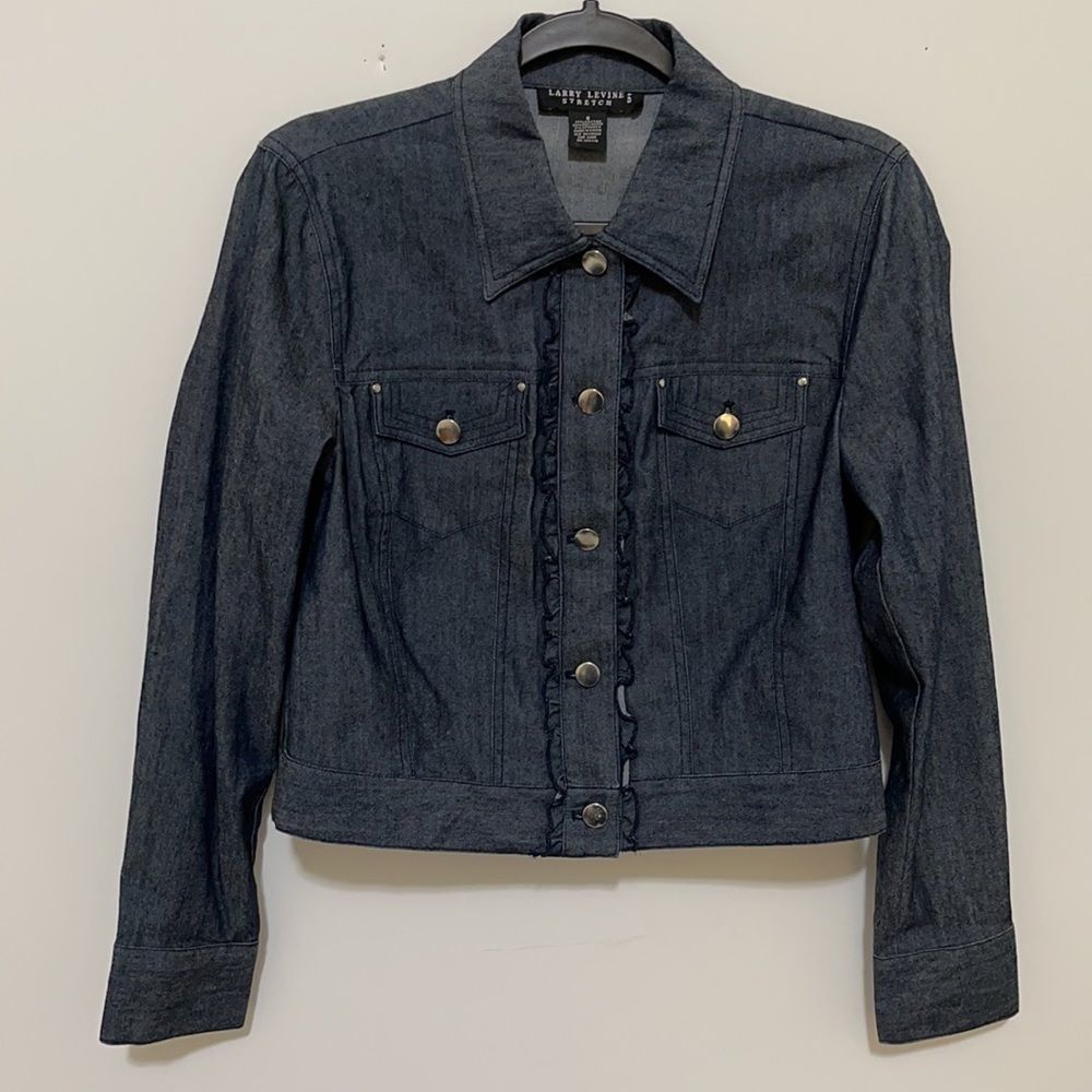 NWOT Larry Levine Blue Dark Wash Stretch Denim Jacket With Ruffles Size - S - Picture 4 of 11